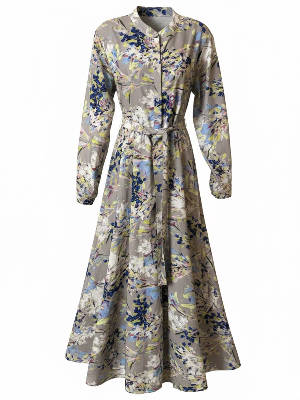 NWT Annahhariri Floral Long Sleeve Belted Maxi Dress in Gray